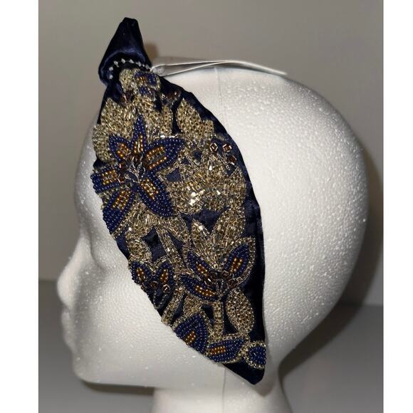 Embellished Beaded Floral Knot Headband – Navy Blue & Gold - Picture 1 of 11